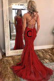 Mermaid Spaghetti Straps Lace Appliques Criss Cross Back Prom Dresses