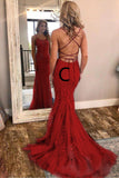 Mermaid Spaghetti Straps Lace Appliques Criss Cross Back Prom Dresses with Rhinestones