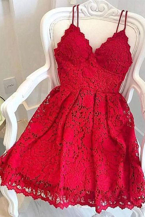 Red Spaghetti Straps Lace Homecoming Gown Mini Lace Dresses A Line Party Dresses N2184