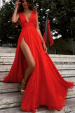 Sexy Side Slit Deep V Neck Prom Dress with Pleats, Flowy Split Red Evening Dress N1298