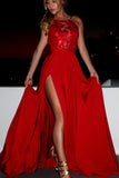 Red Backless Prom Dresses with Side Slit, Long Party Dress with Lace N1379