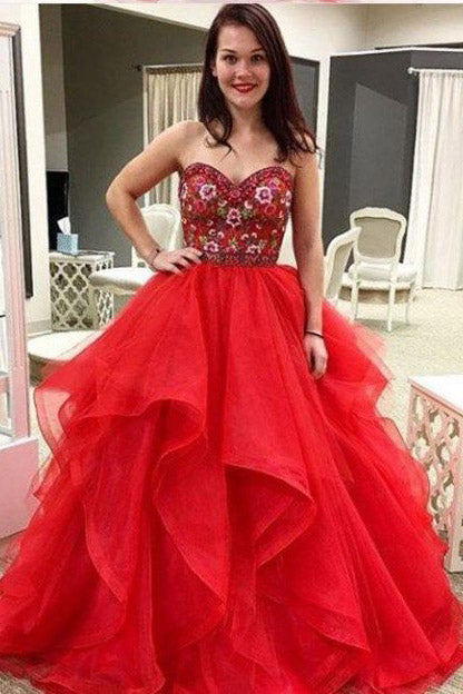 Red Sweetheart Embroidery Floor-length Prom Dress, Puffy Tulle Asymmetrical Prom Gown N1303