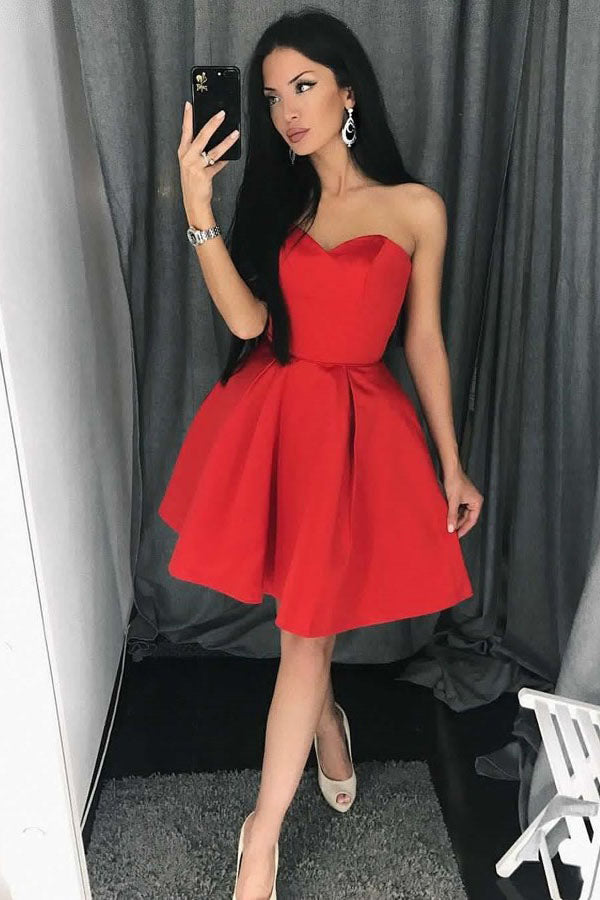 A Line Red Sweetheart Homecoming Dress, Simple Strapless Junior Prom Dresses