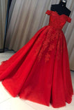 A-line Red Off the Shoulder Prom Dress with Lace Appliques,Long Tulle Evening Gown,N728
