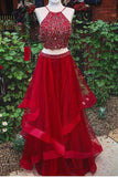 Red Two Piece Prom Dresses with Beading, Charming Long Homecoming Dress N1425