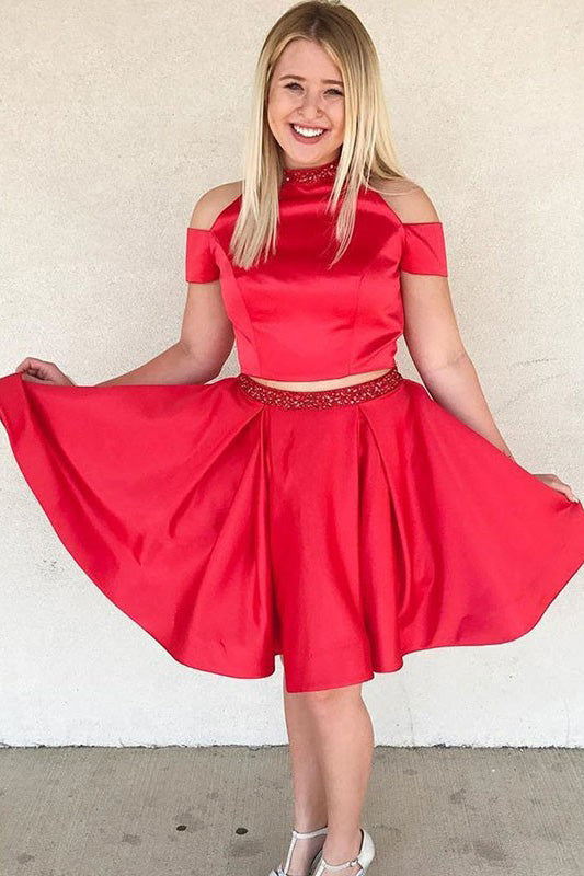 Red Two Piece Satin Homecoming Dresses with Beading Cute Red Short Prom Dresses N1883