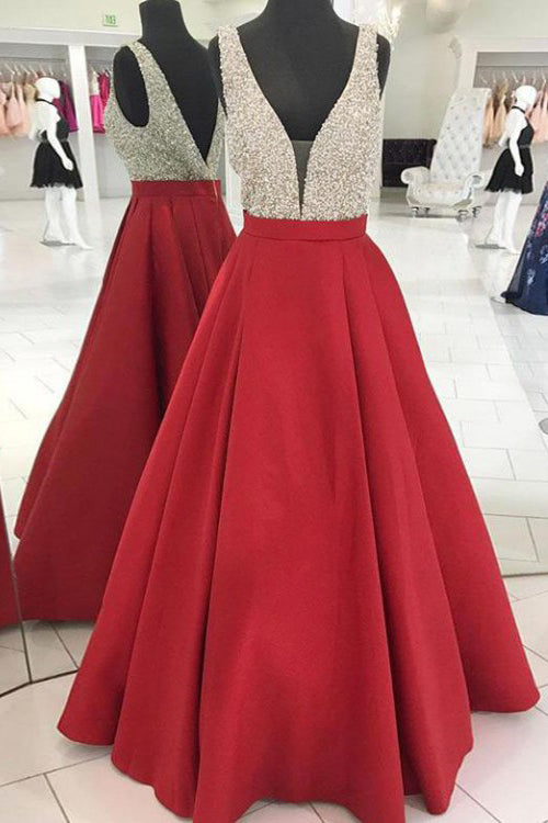Red V Neck Sleeveless Beading Prom Dress, A Line Satin Sparkly Long Party Dresses N1731