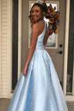 Light Blue Jewel Open Back Long Prom Dresses with Pearls A Line Sleeveless Formal Dresses N2576