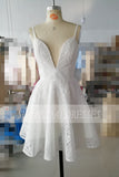 Ivory Spaghetti Strap Deep V Neck Lace Short Homecoming Dress, Sweet Lace Prom Dress