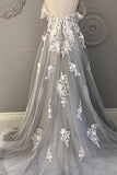 Gray Spaghetti Straps Sweep Train Tulle Prom Dresses A Line Lace Appliqued Formal Dresses N2641