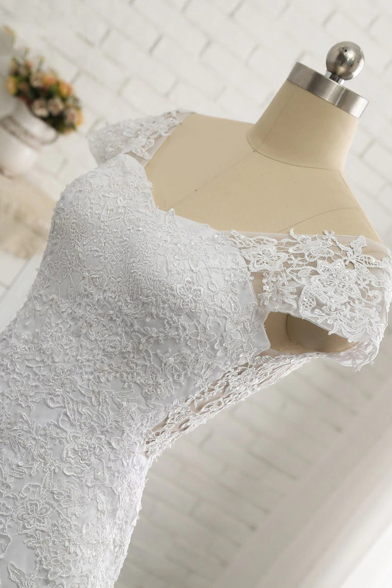 White Lace Appliques Wedding Dresses with Short Sleeves Long Tulle Bridal Dresses with Lace N1569