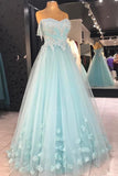 Cheap A Line Strapless Floor Length Tulle Prom Dress with Flowers, Appliqued Formal Dress N2541