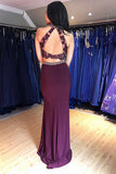 Two Piece Grape Mermaid Open Back Long Prom Dresses Long Beading Evening Dresses N1245