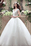 Ball Gown Cap Sleeve V Neck Open Back Lace Appliques Sequins Tulle Wedding Dress N1231