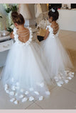 Long Tulle Flower Girl Dresses with Pearls Puffy Custom Made Kids Dresses with Flowers F044