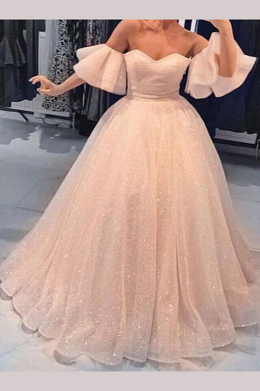 Sparkly Prom Dresses A Line Off-the-shoulder Short Sleeve Floor Length Prom Dress N1335