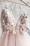 Charming Spaghetti Straps Deep V-Neck Tulle Prom Dresses with Flowers N2390