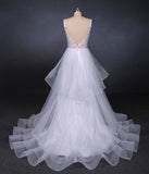 Unique V-Neck Sleeveless Tulle Wedding Dresses Asymmetrical Long Bridal Dresses N2290