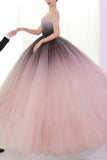 Elegant Off the Shoulder Ombre Tulle Puffy Prom Dresses Long Evening Dresses