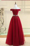 Off the Shoulder Tulle Long Prom Dresses with Rhinestones Burgundy Formal Dresses N1544