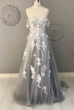 Gray Spaghetti Straps Sweep Train Tulle Prom Dress, A Line Lace Appliqued Formal Dresses N2641