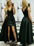 Unique Black High Low V-Neck Prom Dresses Simple Sleeveless Long Formal Dresses N1683