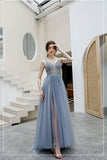 A Line Spaghetti Straps Tulle Beading Prom Dress with Side Slit N2664