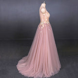 Pink V-Neck Sleeveless Tulle Prom Dresses with Appliques A Line Tulle Evening Dresses N2338