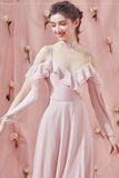 Pink Spaghetti Straps Ruffles Chiffon Prom Dresses N2640