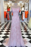Mermaid Spaghetti Straps Lace Appliques Criss Cross Back Prom Dresses with Rhinestones