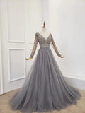 A Line V-Neck Long Sleeves Tulle Gray Prom Dresses with Beading Party Dresses N2578