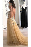 Sparkly V-Neck Sleeveless Beading Prom Dresses with Crystal A Line Tulle Party Dresses N1588