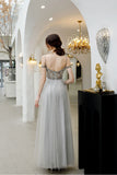 Light Gray Straps Floor Length Tulle Prom Gowns A Line Long Party Dresses N2662