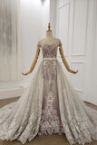 Gorgeous Sheer Neck Long Train Wedding Dresses, Sparkly Short Sleeves Prom Dress N2636