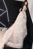 Unique V-Neck Tulle Lace Long Prom Dresses Tulle V Back Evening Dresses with Train N2092