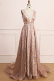 A-Line Deep V-Neck Long Prom Dress with Sequins N2271