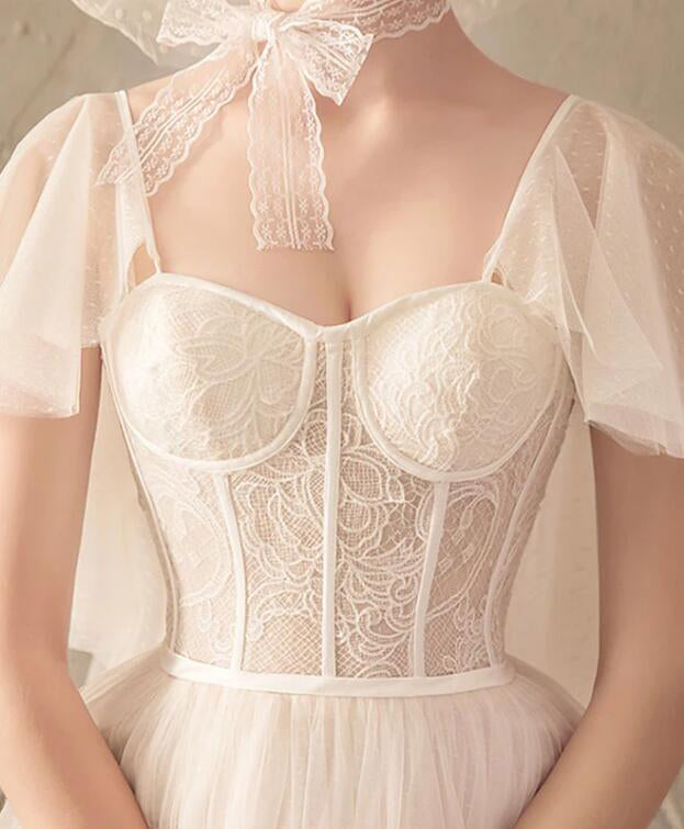Unique Tulle Lace Long Wedding Dresses Ivory Short Sleeves Lace Up Back Bridal Dresses N2585