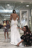 Spaghetti Straps Mermaid V-Neck Backless Lace Wedding Dresses with Train N2504
