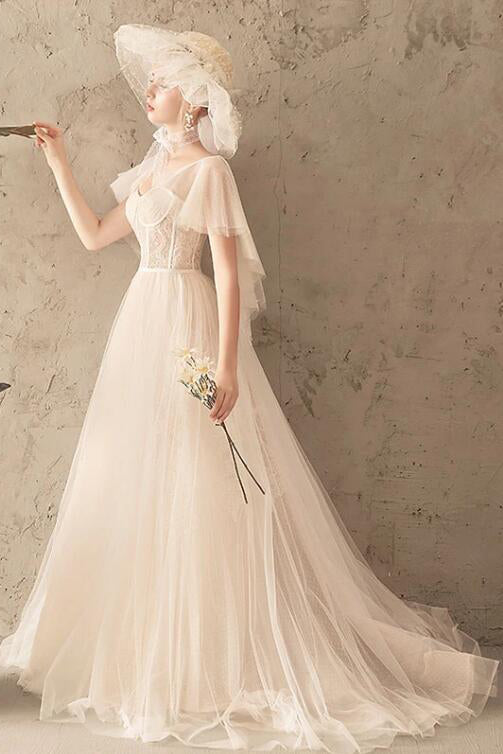 Unique Tulle Lace Long Wedding Dresses Ivory Short Sleeves Lace Up Back Bridal Dresses N2585
