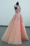 See Through Cap Sleeves Floor Length Tulle Prom Dresses with Appliques Belt N2326