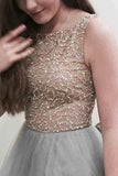 Gray Long Tulle Prom Dresses with Beading A Line Sleeveless Grey Formal Dresses N1582