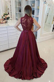 Dark Red High Neck Sleeveless Long Prom Dresses with Lace A Line Graduation Dresses N1576