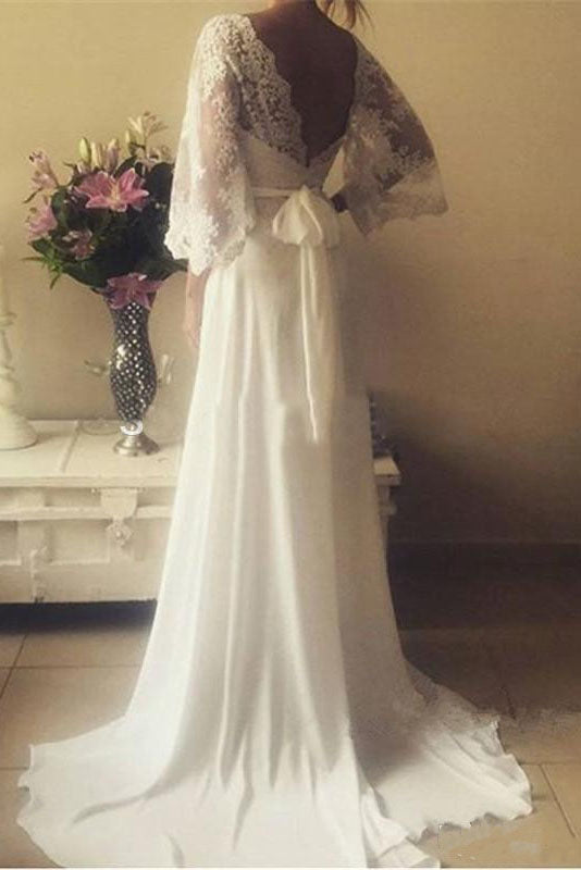 Romantic Boho V Neck Lace Appliques Chiffon Long Beach Wedding Dresses with Sash N629
