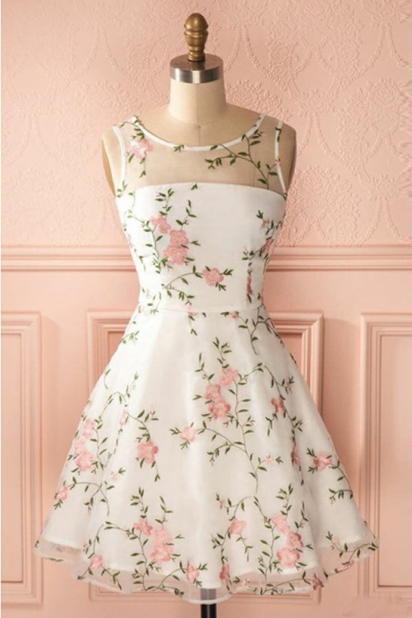 Ivory Round Neck Sleeveless Homecoming Dress with Lace, Short Lace Prom Dress