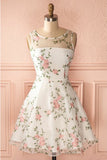 Ivory Round Neck Sleeveless Homecoming Dress with Lace, Short Lace Prom Dress