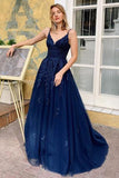 Navy Blue Lace V-Neck Spaghetti Straps A Line Tulle Appliques Long Evening Gowns