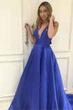 A-line Royal Blue Deep V-neck Sleeveless Long Prom Gown with Bowknot,N645