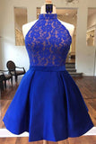 Royal Blue High Neck Satin Short Homecoming Dress with Lace Top, Cute Prom Dress