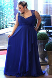 Cheap Royal Blue Plus Size Sleeveless Floor-length Open Back Chiffon Prom Dresses,N529