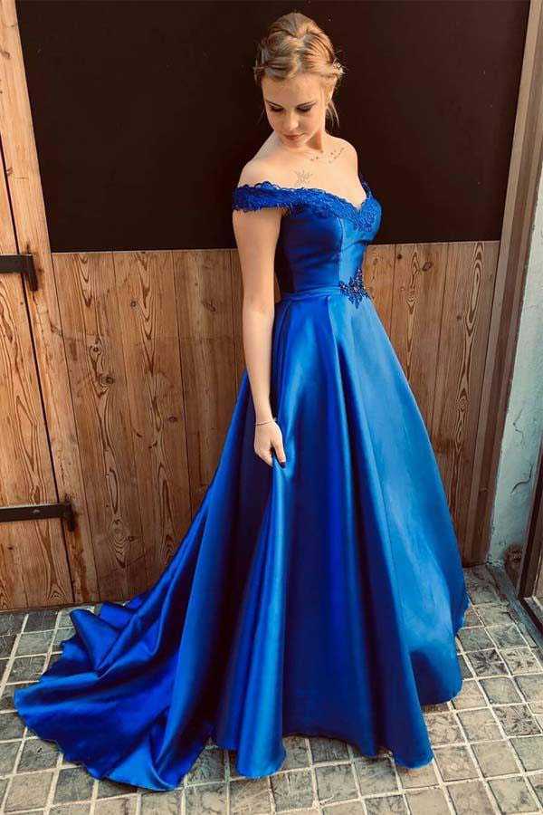 Royal Blue Off the Shoulder Prom Dress with Lace Appliques, A Line Satin Long Evening Dress N1608